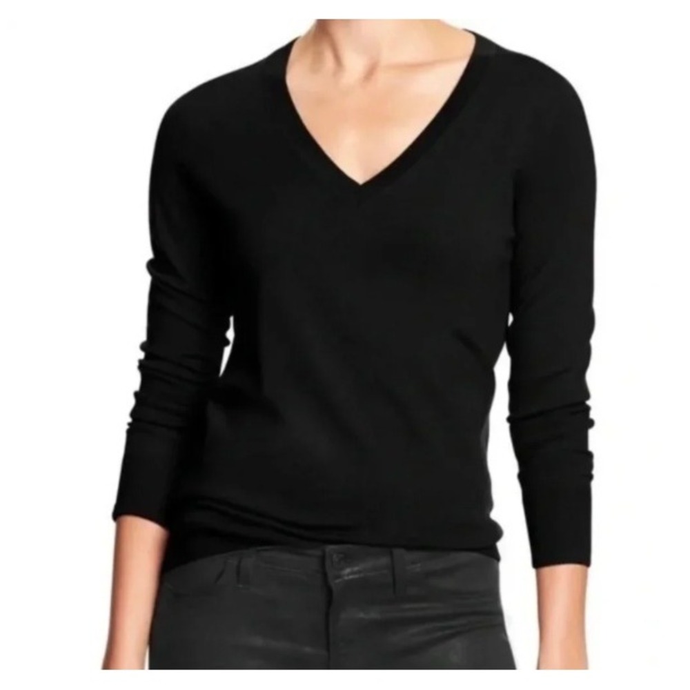 Banana Republic Washable Merino Wool Sweater V-Neck Long Sleeve Black XS